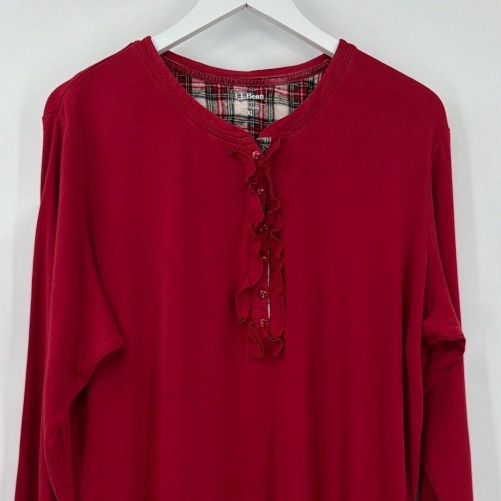 LL Bean Womens Red Cotton Ruffle Henley Nightgown Long Sleeve XL Vtg